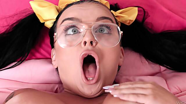 Aroused brunette soaked in sperm after pumping endless inches in her tiny holes