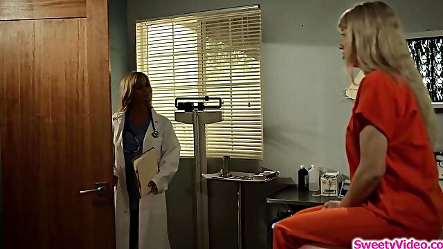 Busty blonde inmate eating lesbian jail nurses pussy