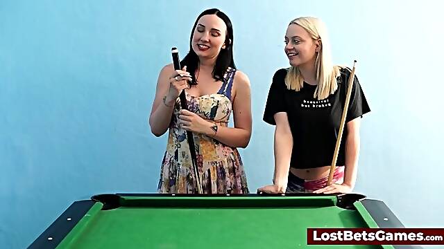 A busty couple playing strip billiards, which turns naughty quick