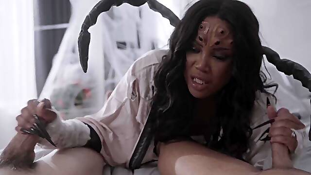 Lusty Busty Ebony Spider-like Alien Creature Needs Two Hefty Dicks To Quench Her Cum Thirst