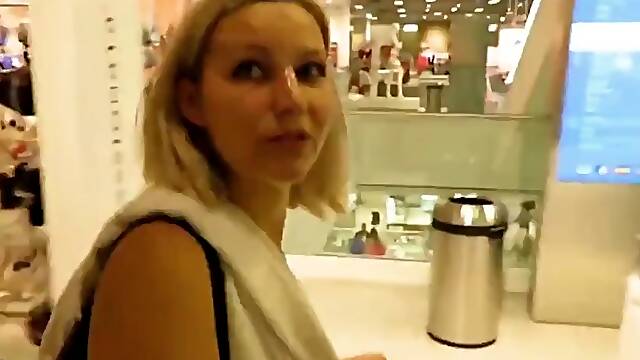 Horny slut gets facialized in public changing room