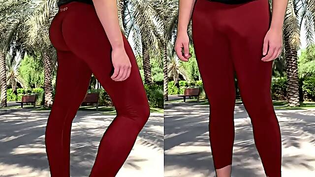 Transexual with big ass and big cock shows off in public in tight see-through pants