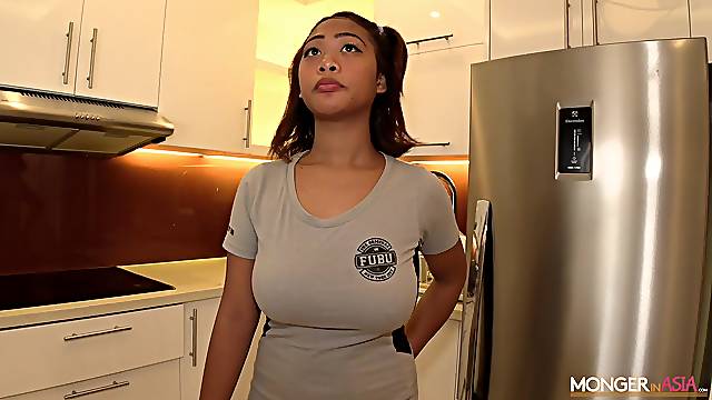 Thick Asian babe dresses up as a maid and that chick loves fucking for money