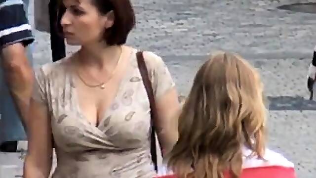 Street voyeur following sexy amateur milfs with big tits