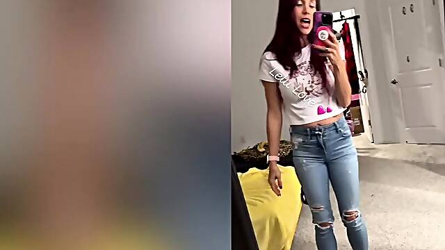 Big boobs babe bare feet in jeans mirror selfie trying out new voiceover app before/after doing hair dye - Lelu Love