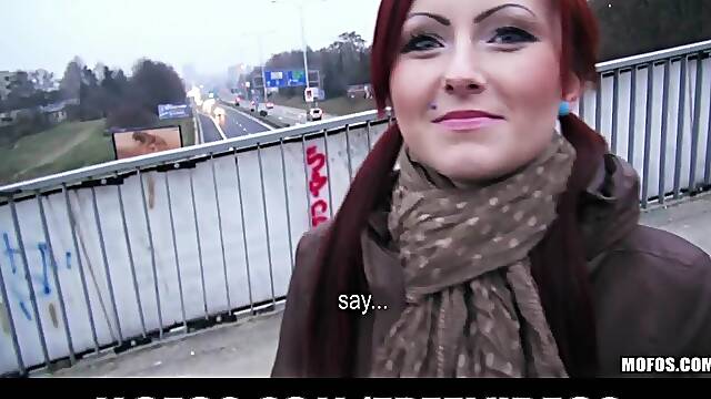 Czech redhead is paid cash to flash and suck dick in public