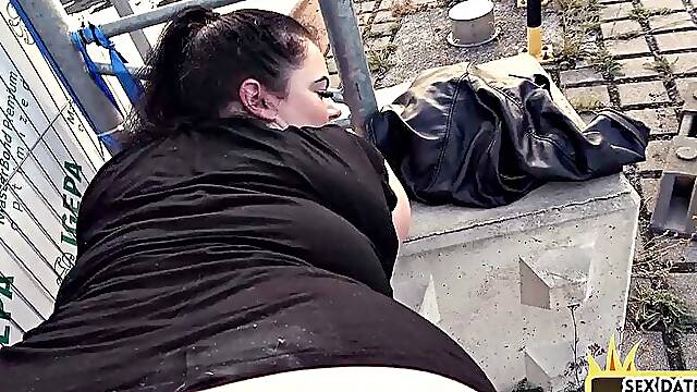 Pulled busty babe doggystyled outdoors