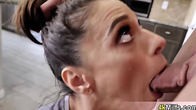 Skinny big titted MILF maid Eva Long waxing the landlords big penis