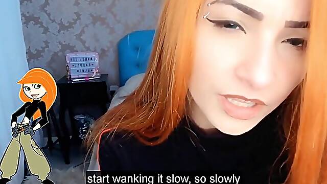 Red haired babe with big boobs, Kim Possible is sucking two sex toys at the same time