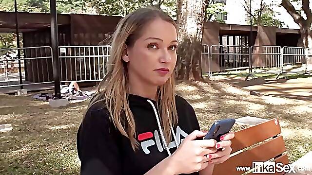 Horny blonde babe, Larissa Leite is masturbating on the sofa and having sex with a black guy
