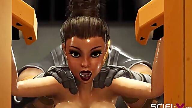 A sexy busty ebony gets fucked by a sci-fi soldier in the sci-fi cell