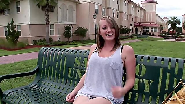 Busty blonde teen shows off her big natural breasts in public
