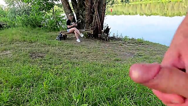 I approached this lonely gal and started wanking my schlong next to her. This babe sat silently watched and touch my dick when i cum