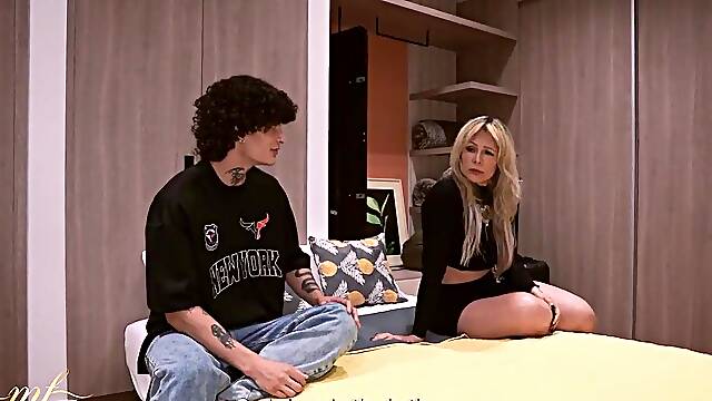 A stepmother ends up being screwed by her stepson whilst sharing a hotel daybed - Monique Fuentes