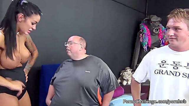 Giant corpulent guy gets favourable with three hawt porno sweethearts