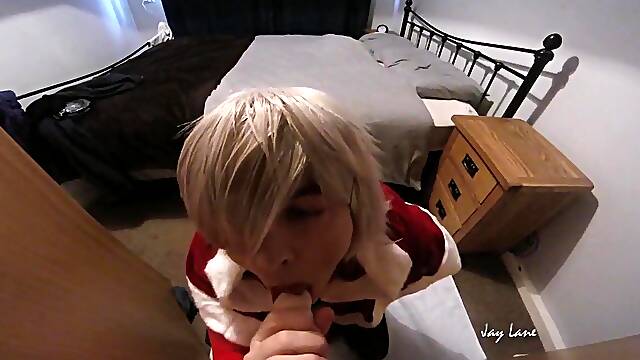 Mrs Sissy Clause sucks jock and unfathomable mouths cum overspread shaft