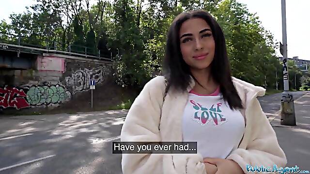 Public Agent - Charming British Brunette Hair Teen Sucks and Bangs large dick outside after almost getting run over by a runaway Fake Taxi
