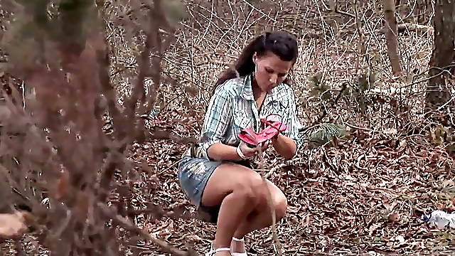 Public Brunette Nataly with natural tits has anal sex in the