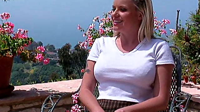 The sexy blonde loves to crawl her big tits along the cock