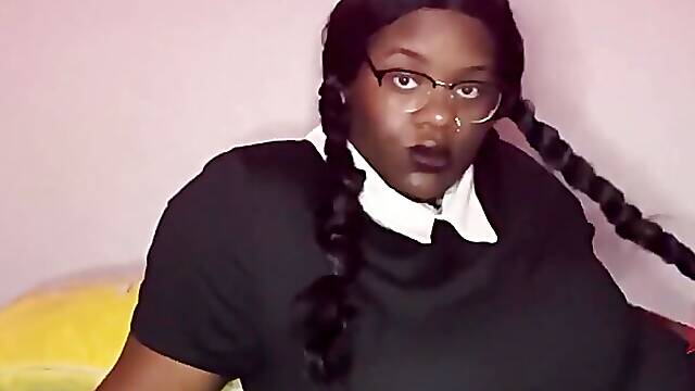 Black Wendesday Addams Is Double Penetrating Herself While Squirting