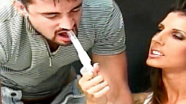 Dirty slut gets deep anal and pussy fuck on the toilet seat from a guy after she pisses