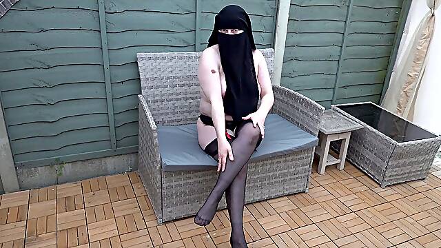 Naked in Niqab Stockings and Suspenders Crotch less knickers