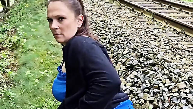 German MILF fucks pregnant outside in the field