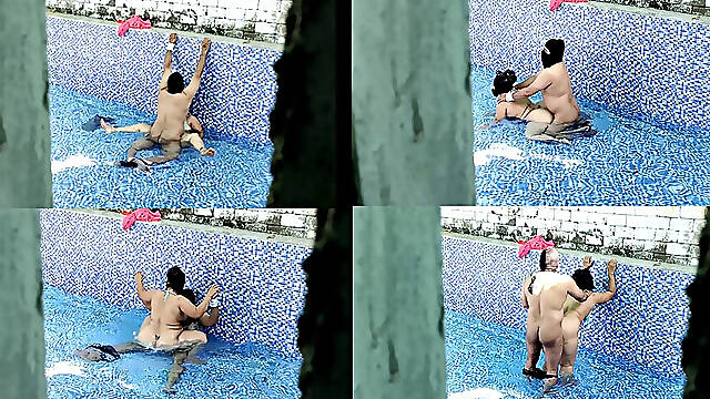 A neighboring couple was seen secretly having sex in the swimming pool.