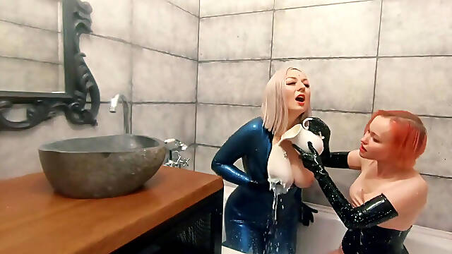 Bath Relax in Latex Rubber with Milk, Romantic Funny Fetish Video