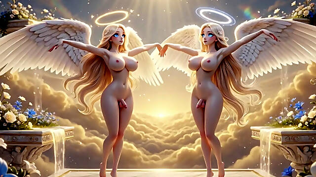 Stunning Busty Archangels with Majestic Wings Passionately Embrace in Celestial Paradise near Golden Waterfall