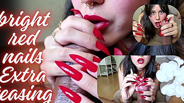 Smoking and TEASING long red nails while smoking, and extra cumplay on my hands!!