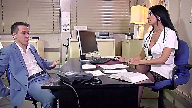 Surprising threesome with a busty flight attendant