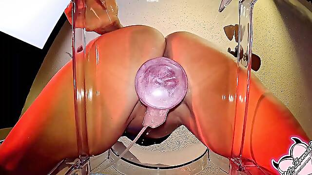 Sexy MILF phat ass white girl creams all over a fake penis sitting on a clear stool. Very Messy & Loud.