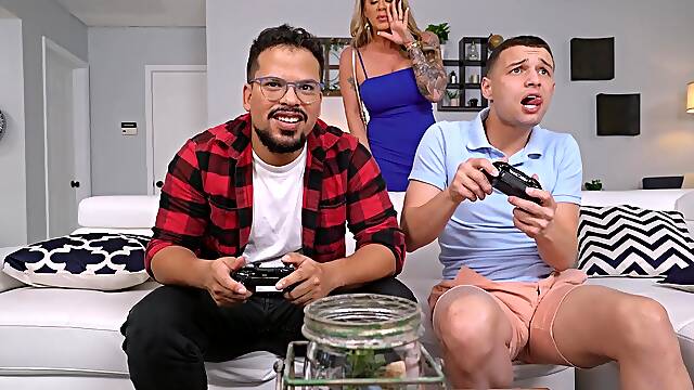 MILF with insane assets drives stepson and his best friend crazy in threesome