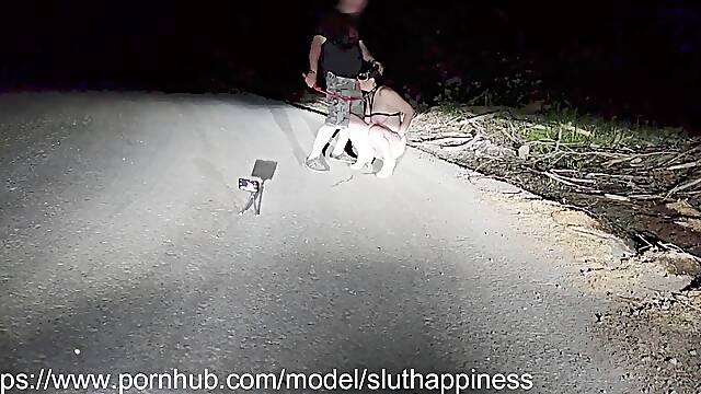 Totally naked slut on public road obedient whore humiliated