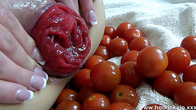 Hotkinkyjo Anal Prolapse and Vegetable Play with Small Tomatos, Lots of Small Tomatos.