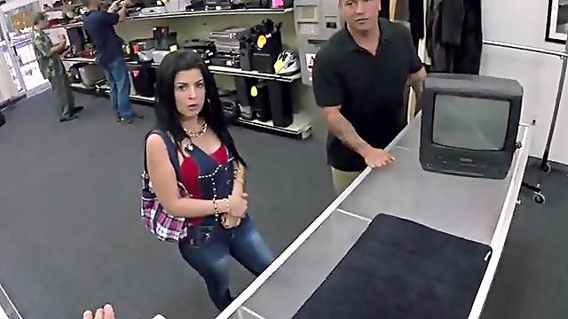 Horny brunette sucking her boss's dick in the office - POV